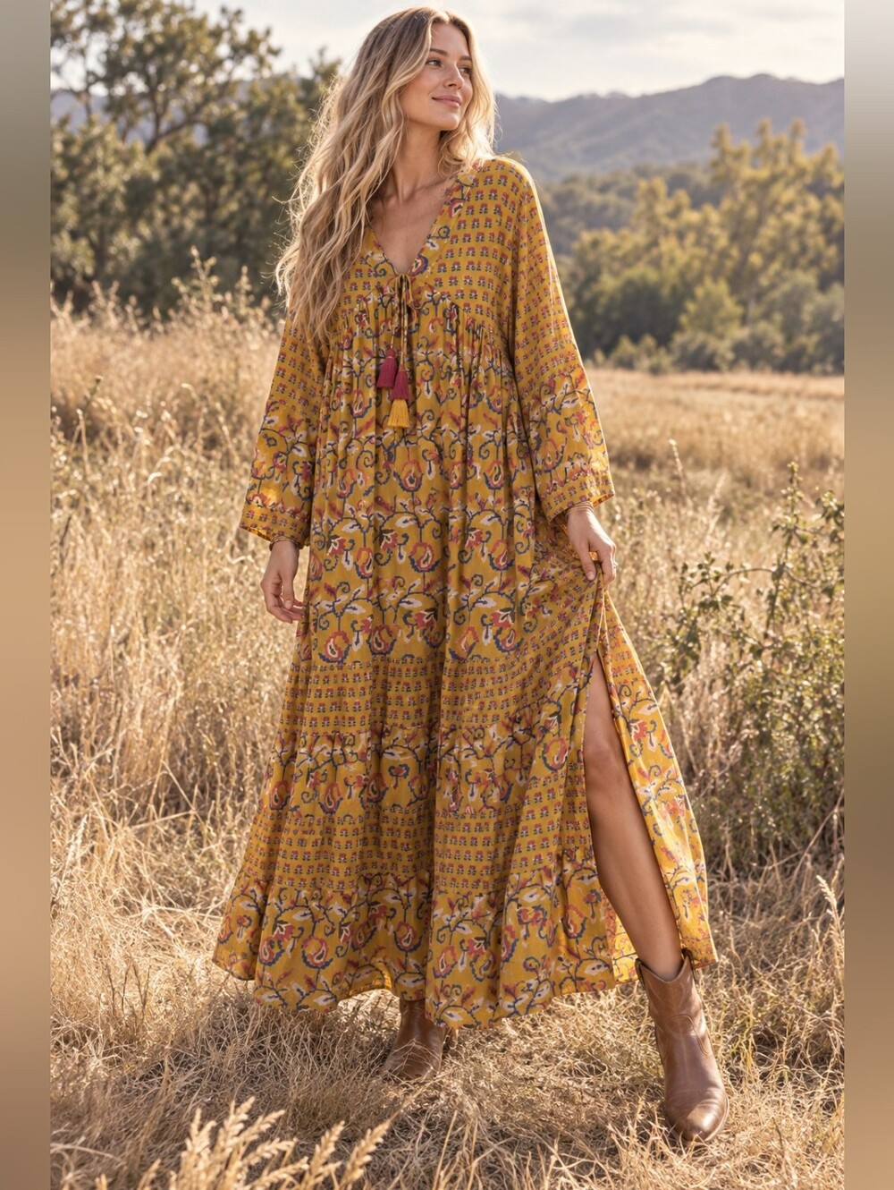 EARTHBOUND TRADING CO MUSTARD BOHO FLORAL PAISLEY MAXI DRESS XL